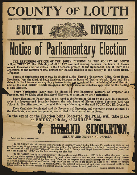 County of Louth, Election Notice poster. at Whyte's Auctions