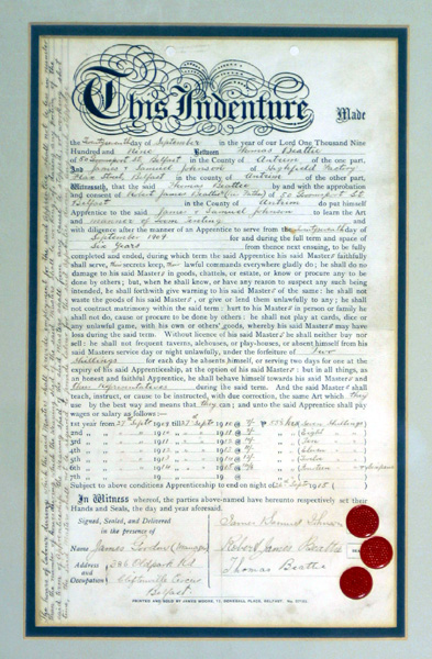 1909 Belfast linen industry, apprentice's indenture at Whyte's Auctions