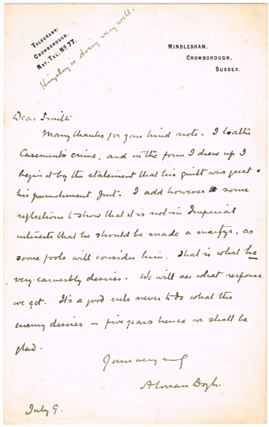 Sir Arthur Conan Doyle letters regarding his petition for clemency for Sir Roger Casement at Whyte's Auctions