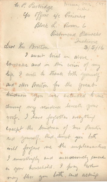 1916 (3 May) letter from William Partridge imprisoned at Richmond Barracks to James Bruton. at Whyte's Auctions