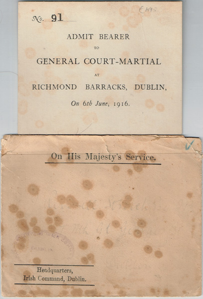 1916 (6 June) Pass to admit a solicitor to General Court Martial at Richmond Barracks, Dublin. at Whyte's Auctions