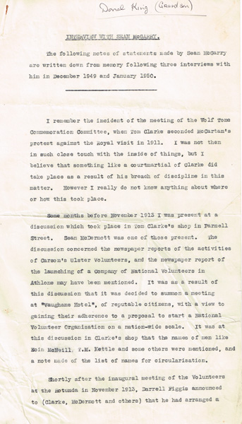 1916 - a manuscript account of Sean McDermott by Sean McGarry, Aide de Camp to Commandant Tom Clarke during the Rising, at Whyte's Auctions