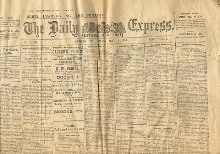1916 (4 May) Daily Express Dublin edition with first news of Rising leaders executions etc. at Whyte's Auctions