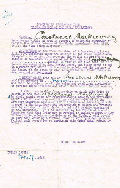 1918 (17 May) Internment Order for Constance Markievicz. at Whyte's Auctions