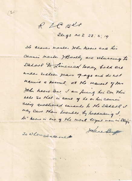 1919 (23 April) letter of passage issued to Sligo schoolboys by RIC. at Whyte's Auctions