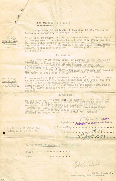 1919 (2 December ) Internment Order and 1920 (11 July) 1920 Charge Sheet, both relating to men in Co. Tipperary. at Whyte's Auctions