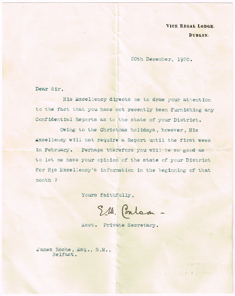 1920 Vice-Regal Lodge letter requiring a report at Whyte's Auctions