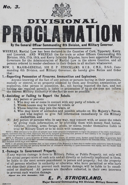 27 December 1920. Military Governor's Proclamation. Martial Law, Cork, Tipperary, Kerry and Limerick. at Whyte's Auctions