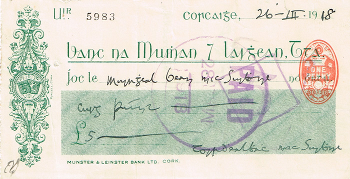 1918 (26 March) Terence MacSwiney cheque at Whyte's Auctions