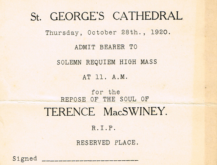 1920 (25 October) Summons to Mrs MacSwiney to appear at the Coroner's Court for the inquest into Terence MacSwiney's death. at Whyte's Auctions