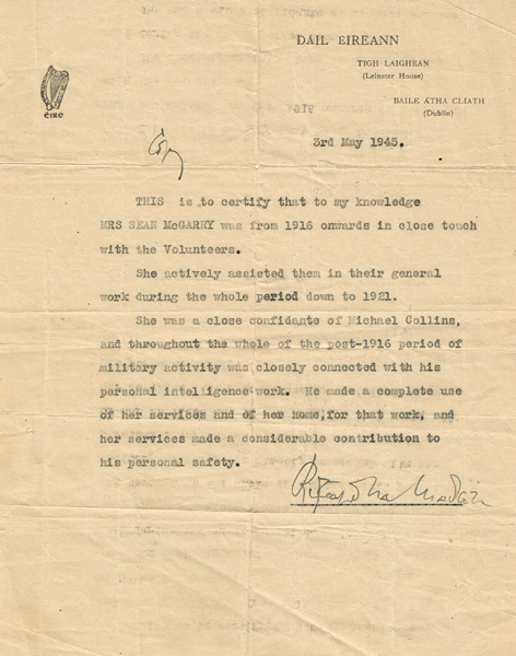 3 May 1945, Letter from Richard Mulcahy regarding Mrs Sean McGarry. at Whyte's Auctions