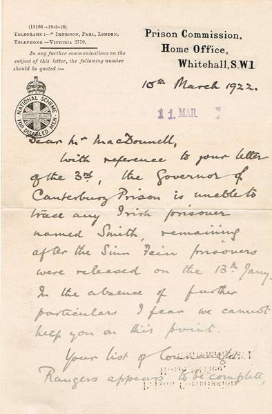 1921-22 three letters concerning Irish prisoners including Connaught Rangers mutineers. at Whyte's Auctions