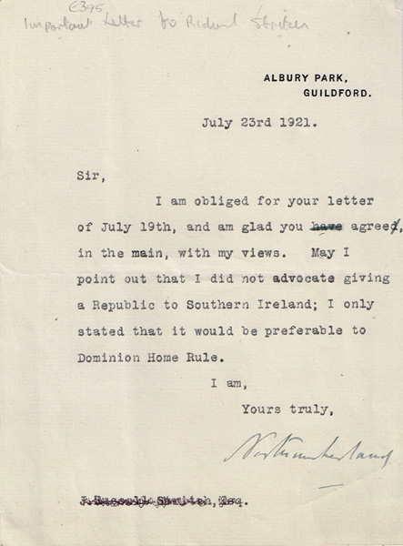 1921 (23 July) letter from Duke of Northumberland regarding his proposal of making Southern Ireland" a republic." at Whyte's Auctions