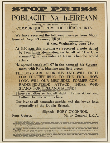 9am June 28, 1922. Stop Press. Poblacht na hEireann. Communique from the Four Courts. at Whyte's Auctions