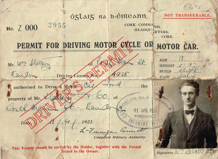 1922-23. Two Drivers' Permits issued by National Army, one with stamped signature of Major-General Emmett Dalton at Whyte's Auctions