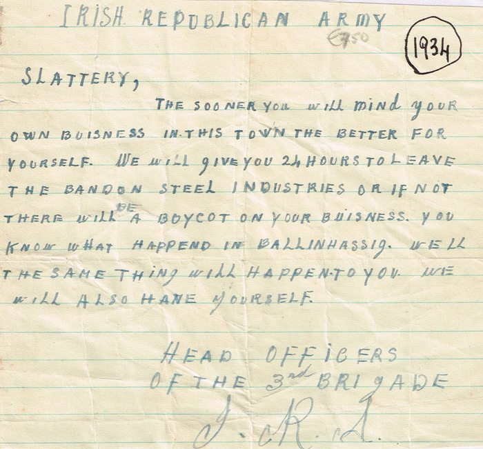 Circa 1922. IRA threatening letter to Bandon businessman. at Whyte's Auctions