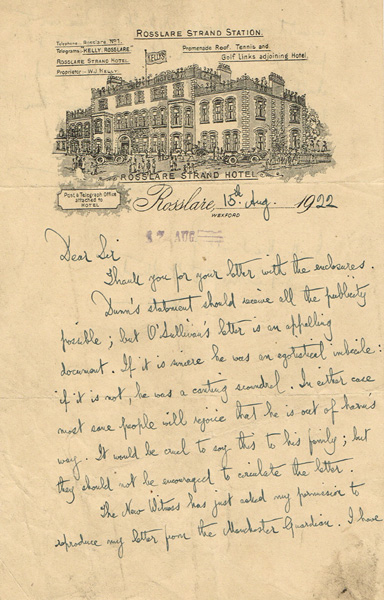 1922 (15 August 1922). Manuscript letter written by George Bernard Shaw regarding Dunn and O'Sullivan, to their solicitor. at Whyte's Auctions