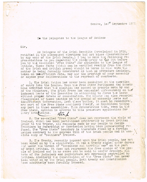 1923 Hanna Sheehy-Skeffington's address to the League of Nations, signed at Whyte's Auctions