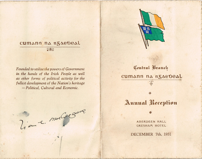 1931 Cumman na nGeadheal Annual Reception menu and programme at Whyte's Auctions
