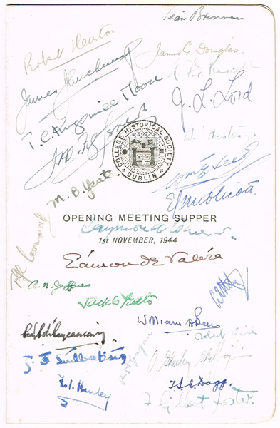 1944 Autographed Menu Card, 'The Hist.' at Whyte's Auctions