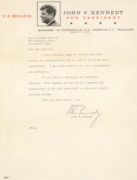 5 aUGUST 1960 John F. Kennedy letter. at Whyte's Auctions