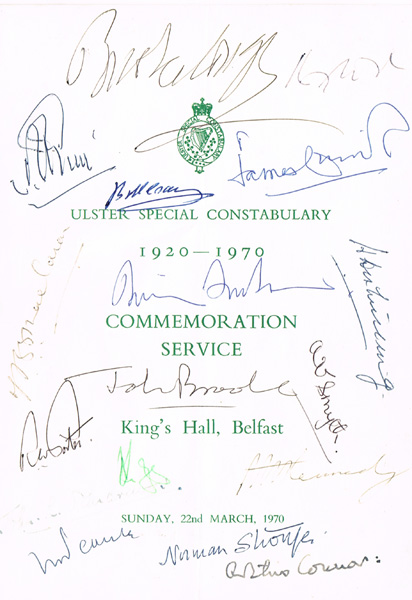1970 'B'-Specials Final Commemoration Service, Order of Service, signed at Whyte's Auctions