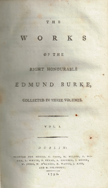 Burke, Edmund. The Works of the Right Honourable Edmund Burke, Collected in Three Volumes at Whyte's Auctions