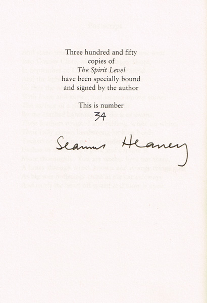 Heaney, Seamus. The Spirit Level, signed. at Whyte's Auctions