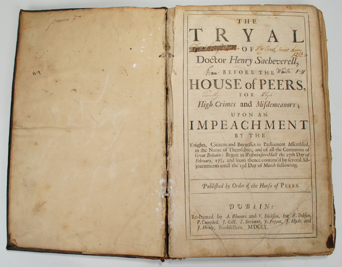 1710: The Tryal Of Dr Henry Sacheverell Before The House of Peers... at Whyte's Auctions