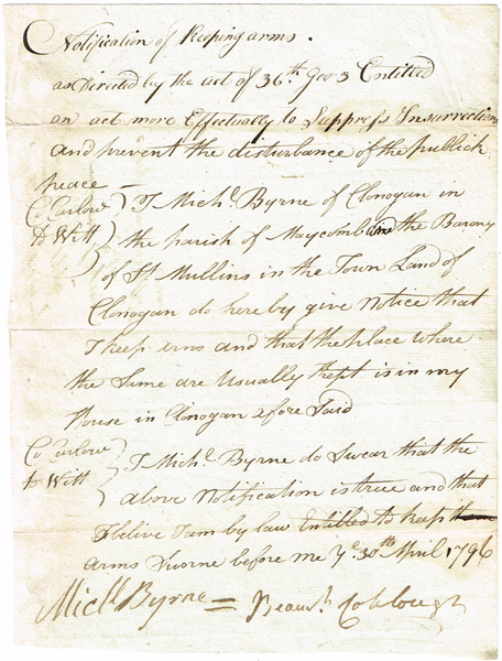 1796 Notification of Keeping Arms at Whyte's Auctions