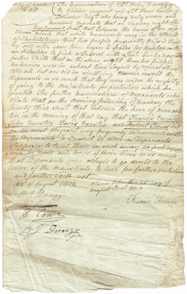 1802 Sworn statement of Lt. Ben Derenzy, Wicklow Regiment complaining of harassment by being Halooed"" at Whyte's Auctions