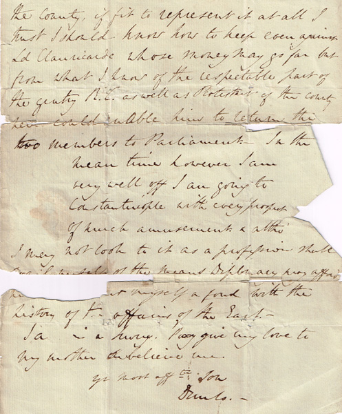 1829 (26 May) part letter Viscount Dunlo to his father, Earl of Clancarty, Ballina. at Whyte's Auctions