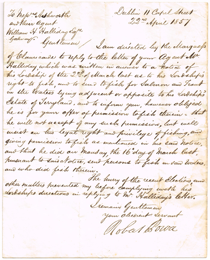 1857 Marquess of Clanricarde, letter regarding fishing rights, Terryland estate, Galway at Whyte's Auctions