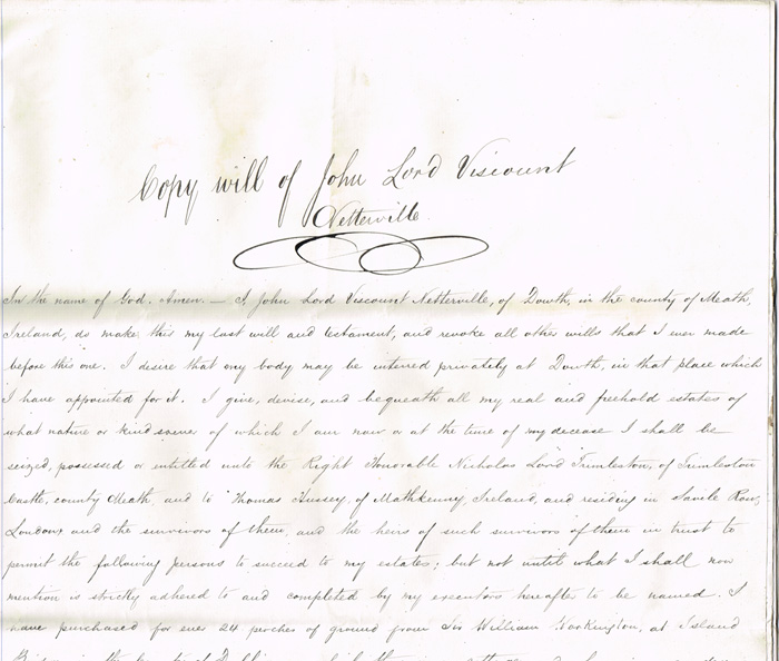 Will of John Lord Viscount Netterville of Dowth (1744 - 1826) at Whyte's Auctions