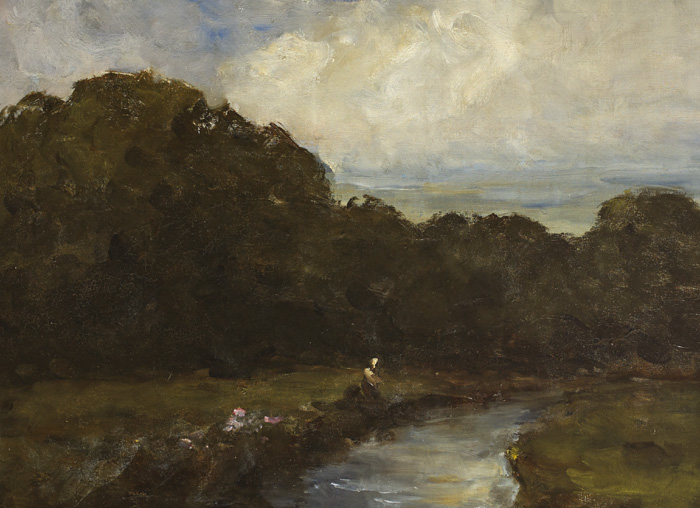 A FISHERMAN ON A WOODED RIVER BANK by Nathaniel Hone RHA (1831-1917) at Whyte's Auctions