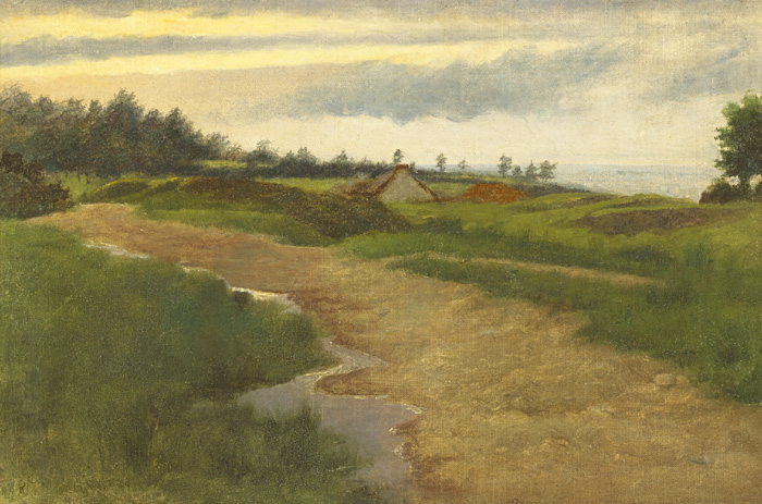LANDSCAPE WITH DRY RIVERBED, COTTAGE AND SEA BEYOND by Richard Thomas Moynan RHA (1856-1906) at Whyte's Auctions