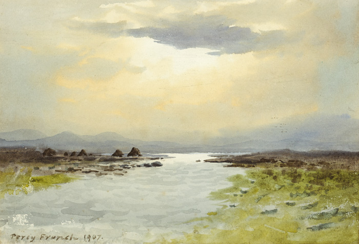 BOGLAND RIVER AND TURF STACKS, 1907 by William Percy French (1854-1920) at Whyte's Auctions