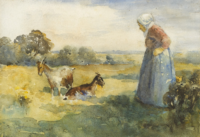 TENDING HER GOATS, c.1925 by Frank McKelvey RHA RUA (1895-1974) at Whyte's Auctions