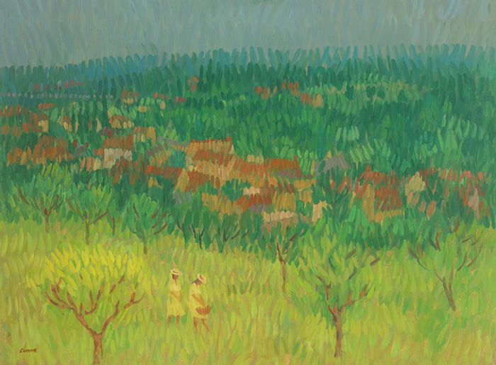 DEIRDRE AND BRIGITTE IN A MEADOW WITH APPLE TREES ABOVE SAINT MARCEL, 1994 by Desmond Carrick sold for �1,000 at Whyte's Auctions