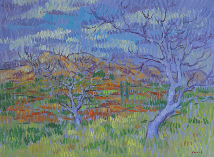 TWO ALMOND TREES IN WINTER AT NERJA by Desmond Carrick sold for 750 at Whyte's Auctions