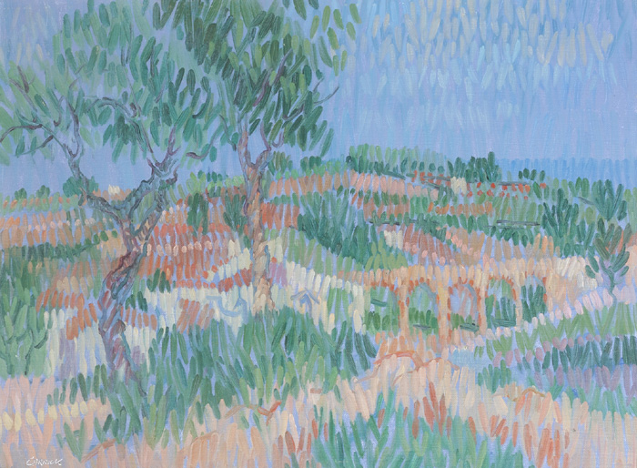 VILLAS AND AQUADUCT UNDER A HEAT HAZE, NERJA by Desmond Carrick RHA (1928-2012) at Whyte's Auctions