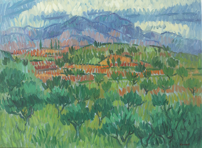 OLIVE TREE PLANTATION AT PUNTA LARA, NERJA, 1987 by Desmond Carrick sold for 600 at Whyte's Auctions