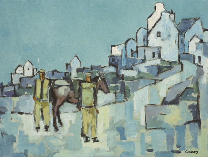 FIGURES AND A HORSE ENTERING A VILLAGE by Desmond Carrick RHA (1928-2012) at Whyte's Auctions