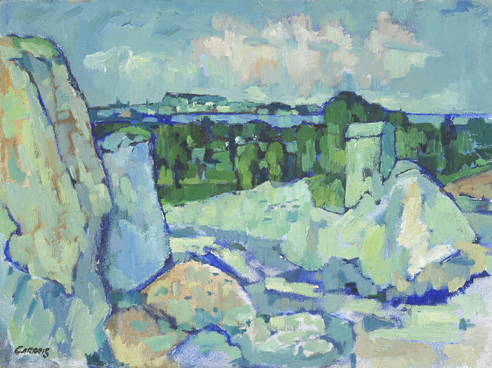 ROCKY LANDSCAPE WITH VIEW OF TREES AND WATER BEYOND by Desmond Carrick RHA (1928-2012) at Whyte's Auctions