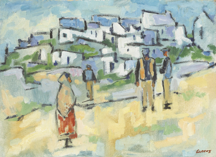 SHAWLIE WITH A RED DRESS AND MEN OUTSIDE A VILLAGE by Desmond Carrick RHA (1928-2012) at Whyte's Auctions