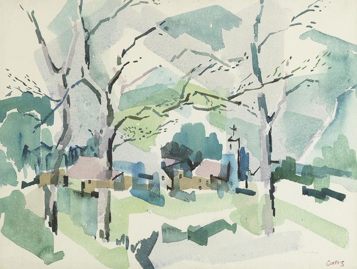 VILLAGE SEEN THROUGH TREES by Desmond Carrick RHA (1928-2012) at Whyte's Auctions