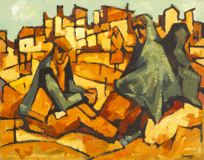 ELDERLY COUPLE AT VILLAGE EDGE by Desmond Carrick RHA (1928-2012) at Whyte's Auctions
