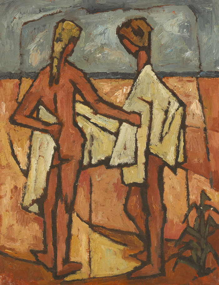 TWO FIGURES TOWELING OFF WITH BEACH BEYOND by Desmond Carrick RHA (1928-2012) at Whyte's Auctions