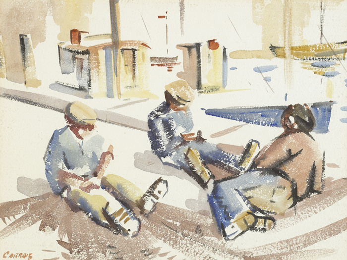 FISHERMEN MENDING NETS, DN LAOGHAIRE, COUNTY DUBLIN by Desmond Carrick RHA (1928-2012) at Whyte's Auctions