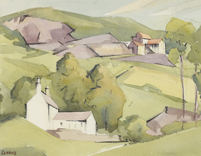 FARMHOUSES IN A LANDSCAPE by Desmond Carrick RHA (1928-2012) at Whyte's Auctions